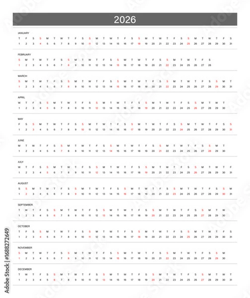 Fototapeta 2026 Linear Calendar. Replaceable Text. One line calendar template