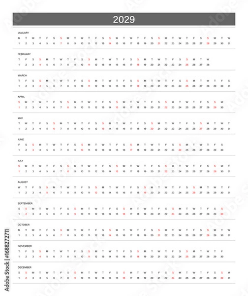 Fototapeta 2029 Linear Calendar. Replaceable Text. One line calendar template