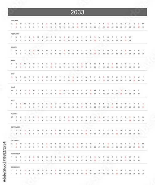 Fototapeta 2033 Linear Calendar. Replaceable Text. One line calendar template