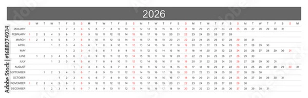 Fototapeta 2026 Linear Calendar. Replaceable Text. One line calendar template