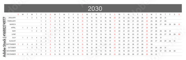 Fototapeta 2030 Linear Calendar. Replaceable Text. One line calendar template