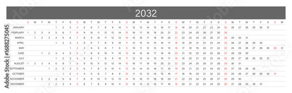 Fototapeta 2032 Linear Calendar. Replaceable Text. One line calendar template