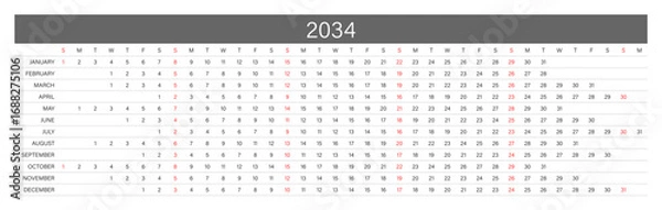 Fototapeta 2034 Linear Calendar. Replaceable Text. One line calendar template