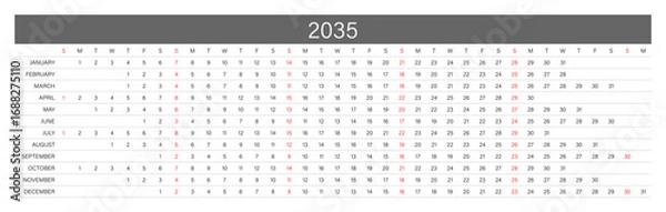 Fototapeta 2035 Linear Calendar. Replaceable Text. One line calendar template