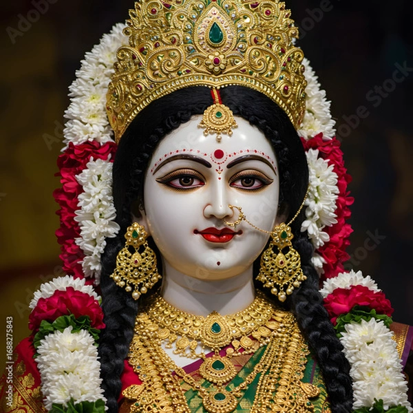 Fototapeta Durga mata portrait with crown and red roses. Mata Durga smiling portrait with soft light. jewelry. Crown.