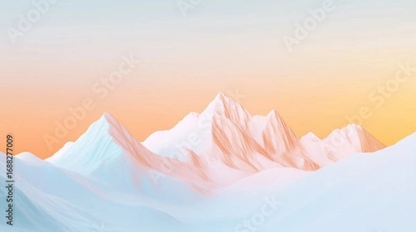 Fototapeta Glowing snow-covered mountains with pastel gradients against an orange sky, minimalist design emphasizing peak shapes and textures with luminous depth for serene and tranquil creative projects