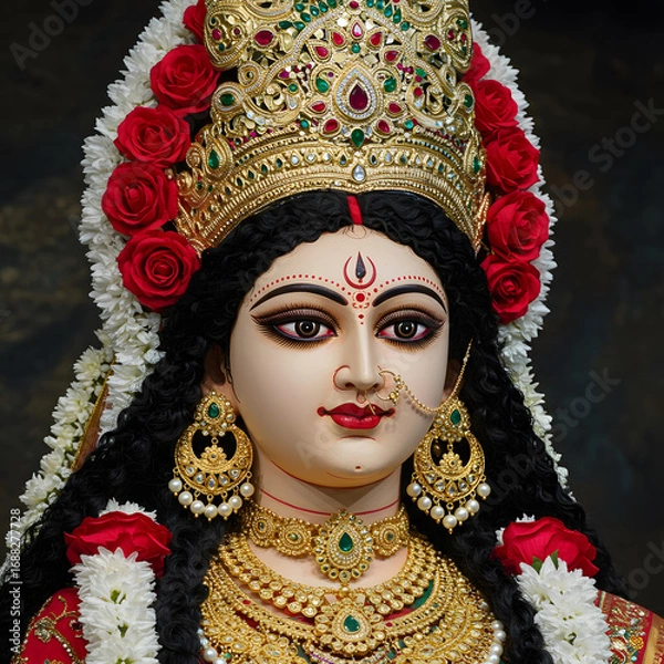 Fototapeta Durga mata portrait with crown and red roses. Mata Durga smiling portrait with soft light. jewelry. Crown.