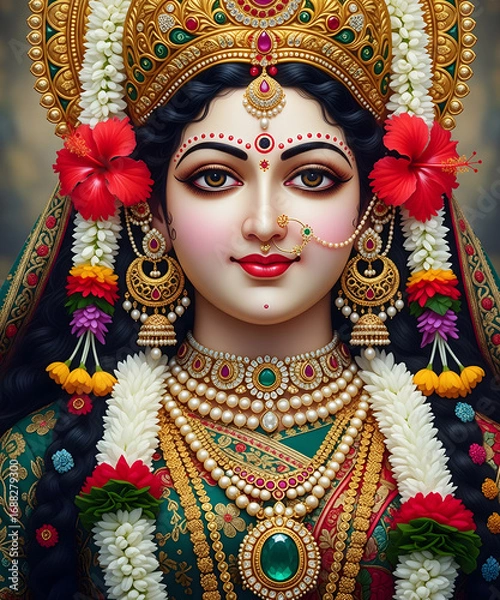 Fototapeta Durga mata portrait with crown and red roses. Mata Durga smiling portrait with soft light. jewelry. Crown.