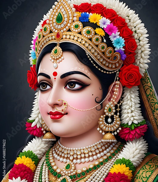 Fototapeta Durga mata portrait with crown and red roses. Mata Durga smiling portrait with soft light. jewelry. Crown.