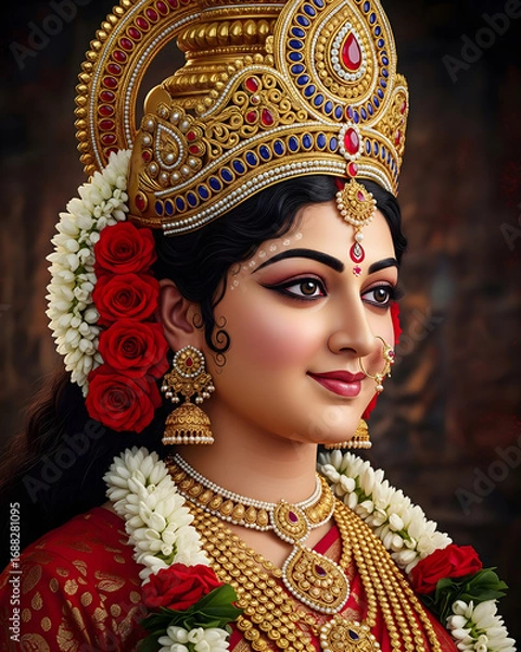 Fototapeta Durga mata portrait with crown and red roses. Mata Durga smiling portrait with soft light. jewelry. Crown.