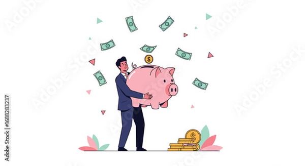 Fototapeta Man happily holding a large piggy bank as money rains down around him showing financial success and savings growth