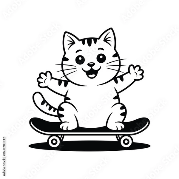 Obraz Happy Cartoon Cat Riding a Skateboard with Arms Raised Keywords: cat, kitten, skateboarding