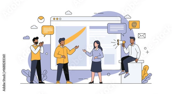 Fototapeta Illustrative depiction of a digital marketing team collaborating to enhance online presence and achieve growth objectives through strategic campaign execution and data analysis