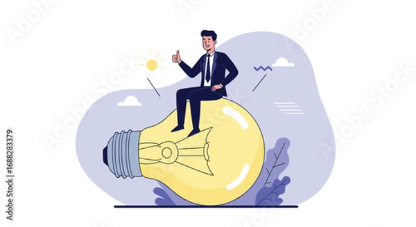 Fototapeta Successful businessman enjoys riding a giant light bulb symbolizing innovative ideas and inspiration for business growth and development