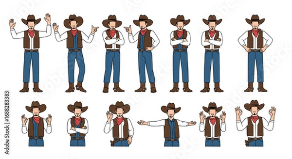 Fototapeta Illustrations of cowboys in different poses and actions depicting the wild west era