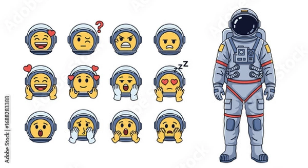 Fototapeta Cute astronaut emojis expressing various emotions in outer space adventure theme