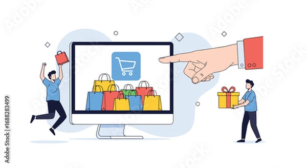 Fototapeta Excited customer receiving a present after successful online shopping experience on a computer screen