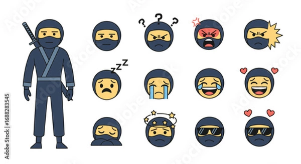 Fototapeta Collection of expressive ninja emojis and character demonstrating various emotions and situations