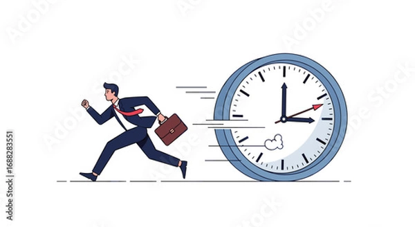 Fototapeta Businessman running fast against time with a briefcase and a giant clock showing the urgency of the moment