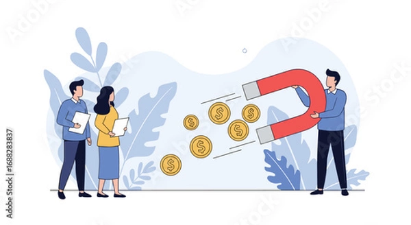Fototapeta Business growth through strategic customer acquisition and financial attraction using a magnet metaphor