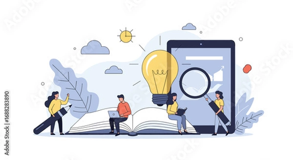 Fototapeta Illustration of people collaborating and learning together in a bright and modern setting creating new ideas