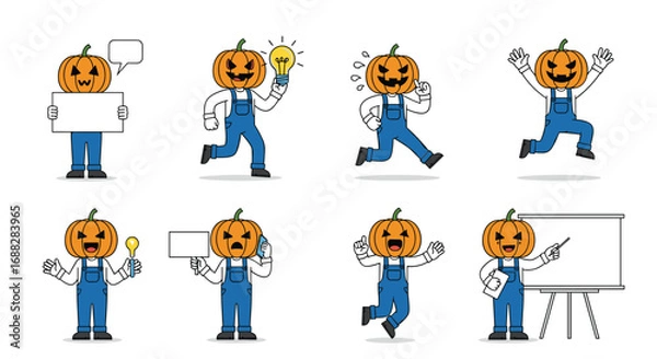 Fototapeta Cartoon character pumpkin headed person in blue overalls expressing various emotions and actions
