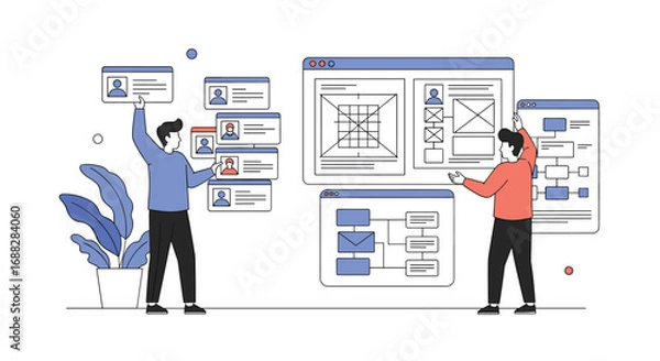 Fototapeta Two people are collaborating on a user interface design project featuring wireframes and profile cards