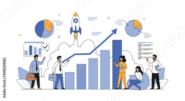 Fototapeta Business growth strategy and financial performance analysis with team collaboration and startup launch concept