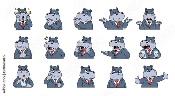 Fototapeta Adorable pixel art hippopotamus characters expressing a range of emotions and actions in business attire