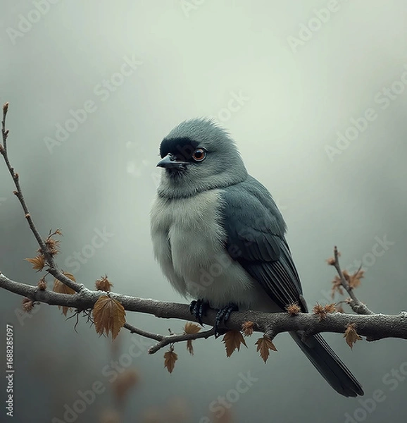 Fototapeta Sad Lonely Bird on Bare Branch Under Gray Sky