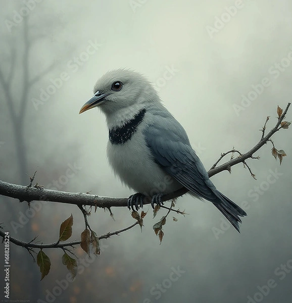 Fototapeta Sad Lonely Bird on Bare Branch Under Gray Sky