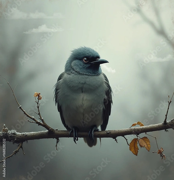 Fototapeta Sad Lonely Bird on Bare Branch Under Gray Sky