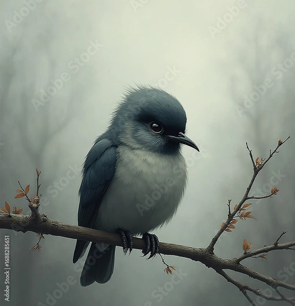 Fototapeta Sad Lonely Bird on Bare Branch Under Gray Sky