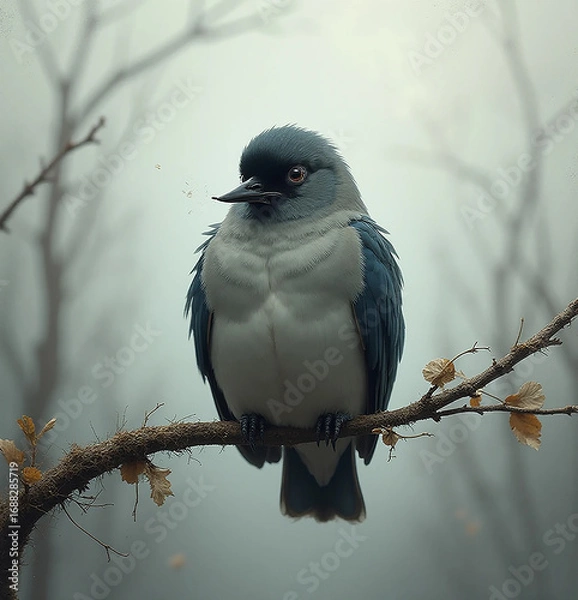 Fototapeta Sad Lonely Bird on Bare Branch Under Gray Sky