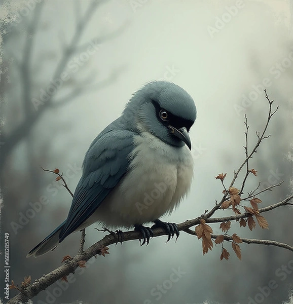Fototapeta Sad Lonely Bird on Bare Branch Under Gray Sky