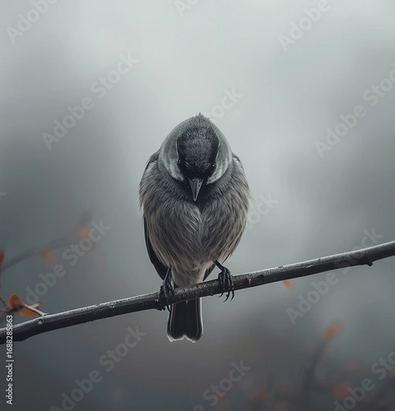 Fototapeta Sad Lonely Bird on Bare Branch Under Gray Sky