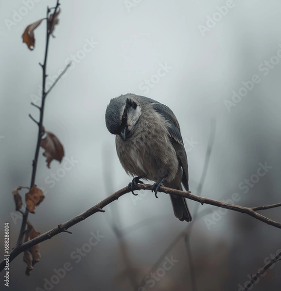 Fototapeta Sad Lonely Bird on Bare Branch Under Gray Sky