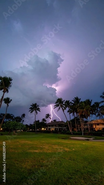 Obraz Dramatic lightning strike over tropical landscape at twilight