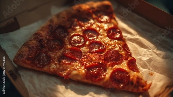 Fototapeta Large pepperoni pizza slice in cardboard box with warm lighting