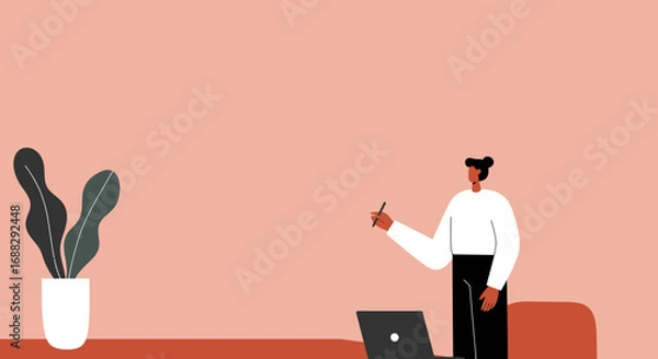 Fototapeta An illustration depicts a person in a modern office setting, with a potted plant and laptop, creating a minimalist and inviting workspace design.
