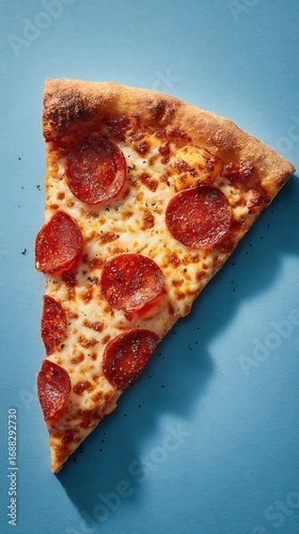 Fototapeta Top view of pepperoni pizza slice on blue textured background