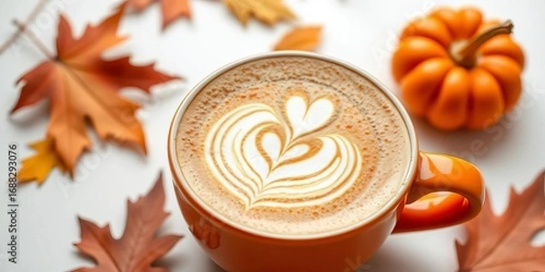 Fototapeta Autumn cappuccino in orange cup, latte art, pumpkin on white, foam, pumpkin