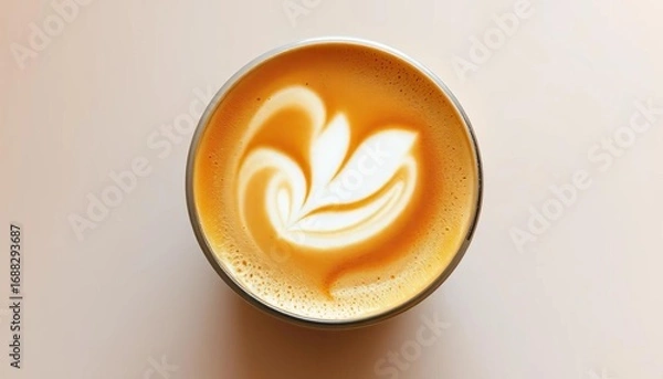 Fototapeta Cappuccino with delicate plane-shaped powder art on creamy foam, neutral background,  coffee cup,  foam