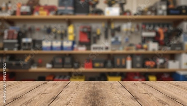 Fototapeta Wooden Surface in Front of a Blurred Array of Objects on Shelves, A Still Life.