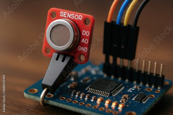 Fototapeta Engineering education innovation sensor module mounted microcontroller board with wiring and components conveying hands learning and creative