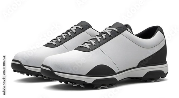 Obraz Modern White and Black Spiked Golf Shoes Isolated on White Background for Optimal Course Performance and Style