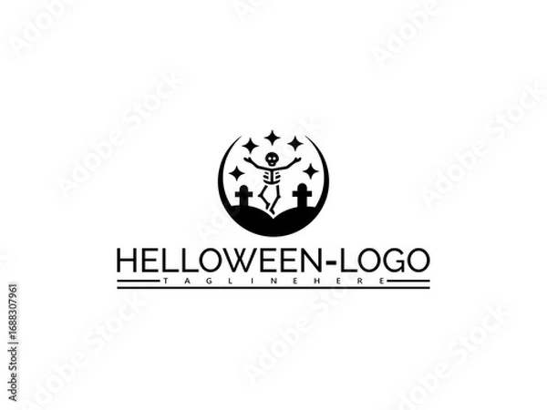 Fototapeta Happy halloween logo. Halloween skeleton dancing at graveyard logo with text HELOWEN- LOGO and TAGLINEHERE