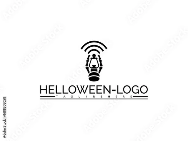Fototapeta Happy halloween logo. Black and white logo of a lantern with radiating waves and text HELOWEN- LOGO halloween signal