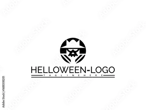 Fototapeta Happy halloween logo. Halloween skull in fedora hat logo with striped pattern and circular frame skeleton