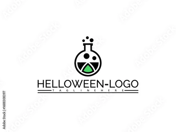 Fototapeta Happy halloween logo. Halloween science lab flask logo with text HELOWEN- LOGO and TAGLINEHERE on white background